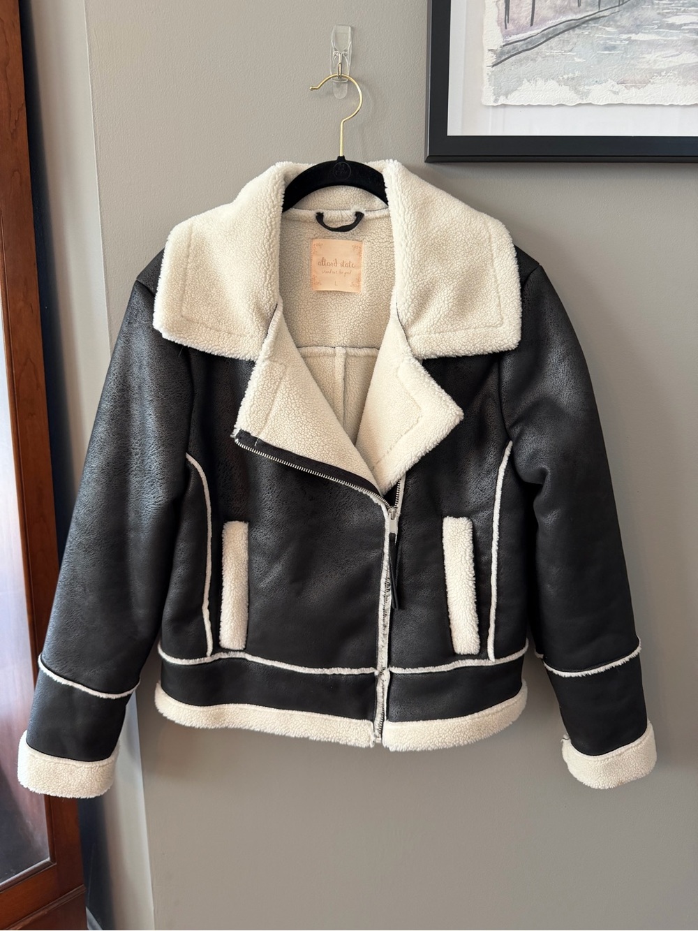 Altar'd State Black Bomber Jacket with Sherpa Lining and Trim. Large